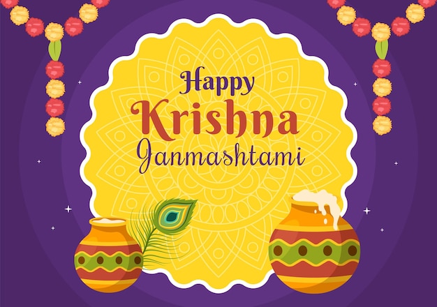 Happy Krishna Janmashtami festival of India with Bansuri and Flute Dahi Handi and Peacock Feather in Flat Cute Cartoon Background Illustration