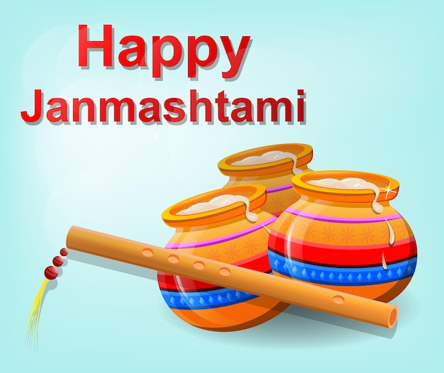 Happy Krishna Janmashtami Pot with butter and flute on beautiful gentle blue background Vector illustration