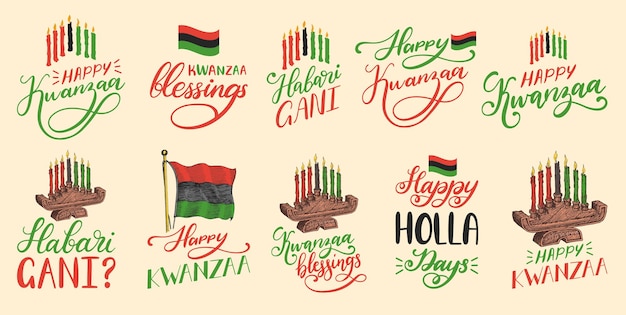 Happy kwanzaa hand lettering drawn set in vector