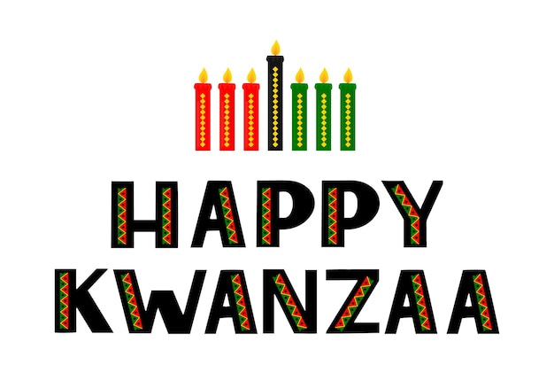 Happy Kwanzaa hand lettering with candles isolated on white African American holiday Vector template for greeting card typography poster banner postcard flyer sticker etc