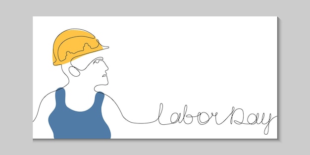 Happy Labor Day banner with builder in trendy one continuous line art style