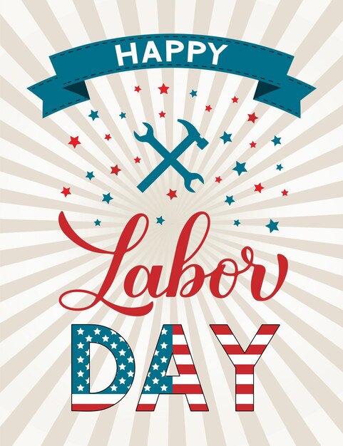 Vector happy labor day calligraphy lettering on american retro patriotic background vector template for typography poster logo design banner flyer greeting card party invitation etc