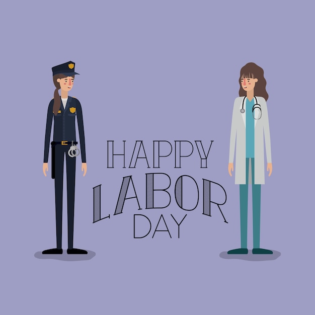 happy labor day card with women workers