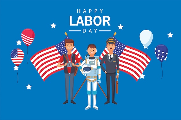 Happy labor day celebration with workers and flags