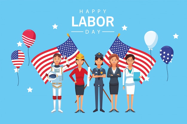 Happy labor day celebration with workers and flags