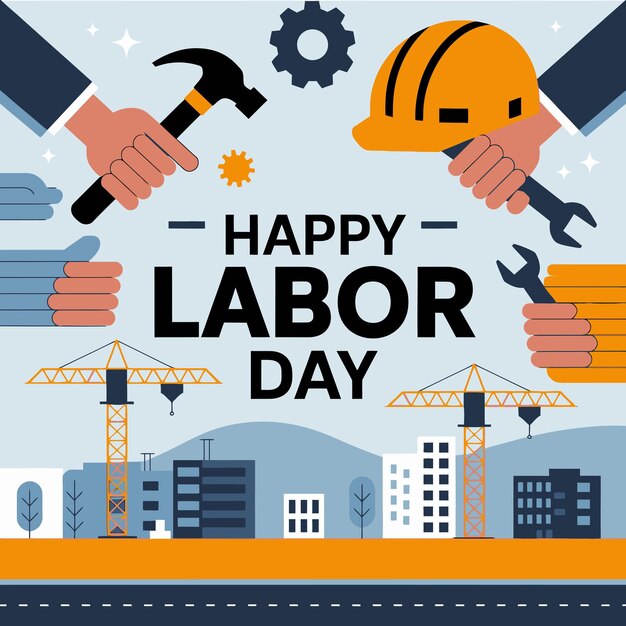 Vector happy labor day construction workers tools city skyline