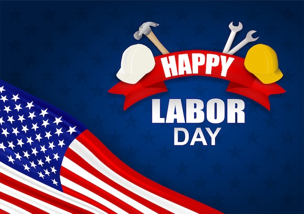 Happy labor day USA. Design with hammer ,Safety helmet ,wrench and american flag