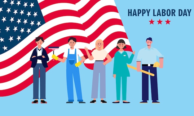 Vector happy labor day various occupations people standing with american flag