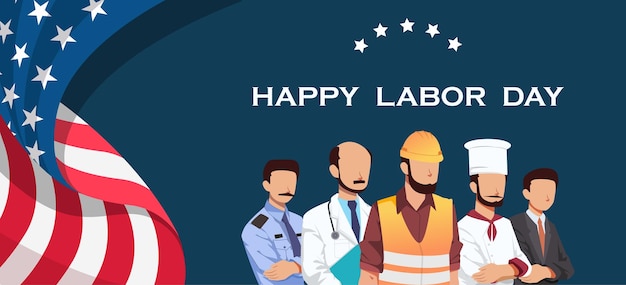 Happy Labor Day Vector Illustration with Labor Character and US Flag.