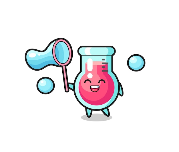 Happy laboratory beaker cartoon playing soap bubble , cute style design for t shirt, sticker, logo element