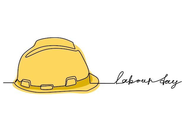 Happy Labour Day One continuous line drawing of yellow hard hat with lettering Labour Day Safety hard construction hat icon minimalist background banner poster Vector illustration