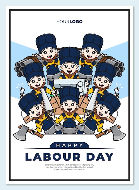 Happy labour day poster template with cute cartoon character of workers mascot