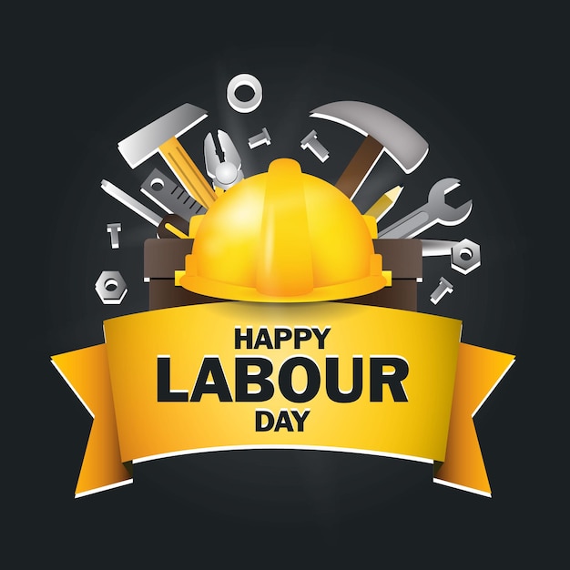 happy labour day Simple poster or banner with 3D ilustration labor equipment on black background pre