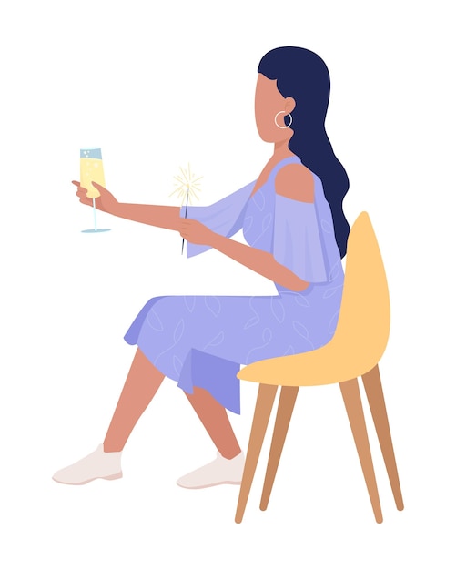 Happy lady with sparkler semi flat color vector character Sitting figure Full body person on white Festive celebration simple cartoon style illustration for web graphic design and animation