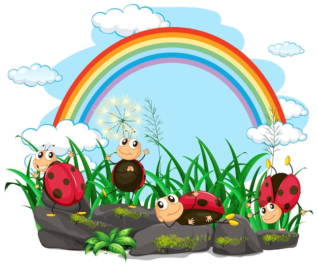 Happy Ladybugs Under Rainbow