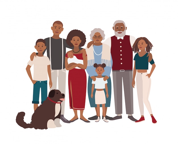 Happy large black family portrait. Father, mother, grandmother, grandfather, sons, daughters and dog together.