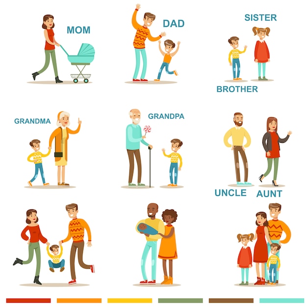 Happy Large Family With All The Relatives Gathering Including Mother, Father, Aunt, Uncle And Grandparents Illustrations  Corresponding Words