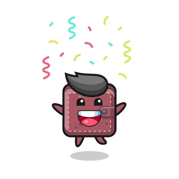 Happy leather wallet mascot jumping for congratulation with colour confetti