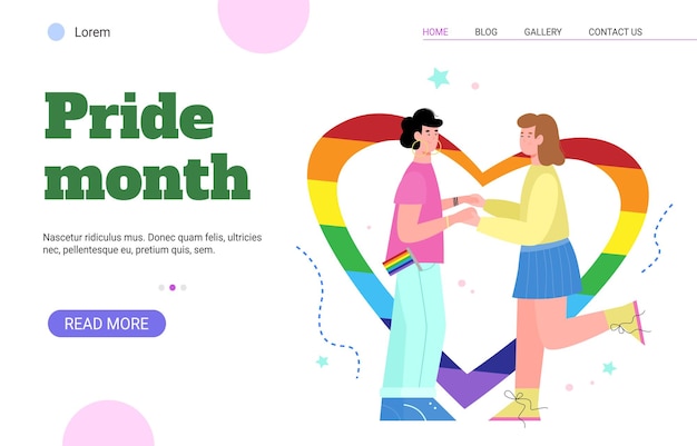 Happy lesbian couple girls holding hands a vector landing page template