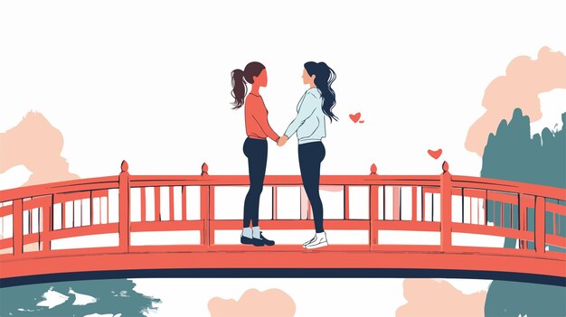 Vector happy lesbian couple interacting on sunlit bridge during daytime