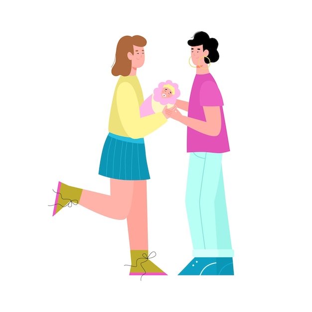 Happy lesbian samesex lgbt couple with newborn illustration