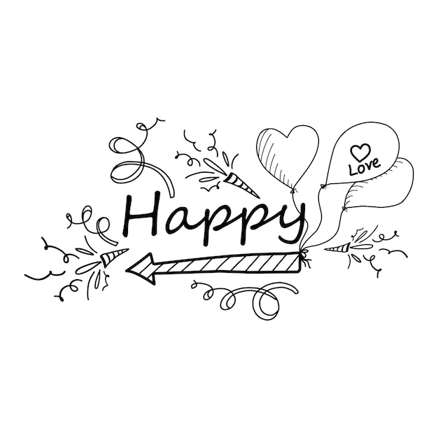 Happy lettering with decorative ornaments in doodle style