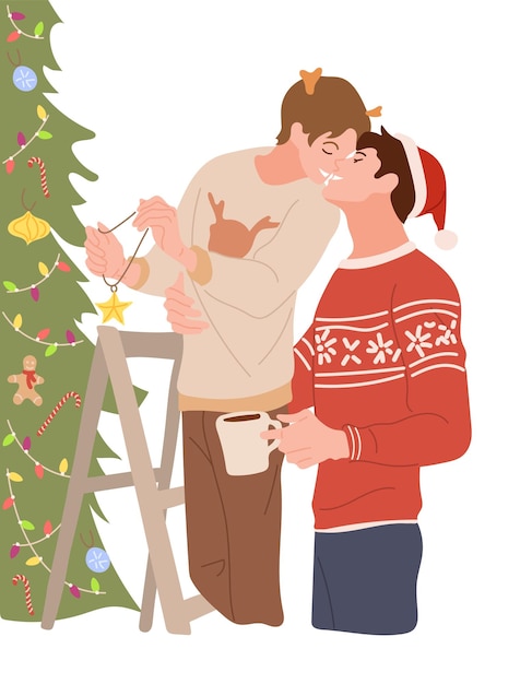 Happy LGBT family decorates Christmas tree Homosexual couple preparing for New Year holidays Two men