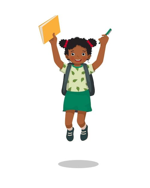 happy little African girl student jumping holding backpack book feeling excited back to school