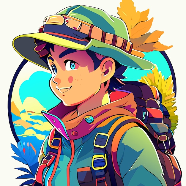 Happy little boy in a camping outfit with a backpack