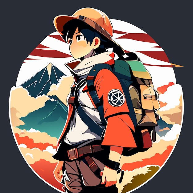 Happy little boy in a camping outfit with a backpack