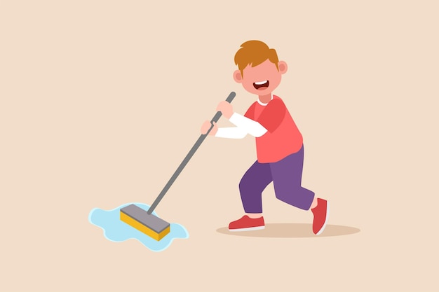 Happy little boy cleaning floor at home Concept of helping parents at home Flat vector illustrations isolated