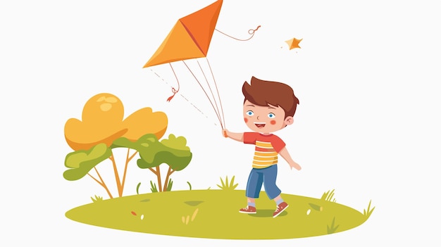 Happy little boy enjoying flying kite on sunny meadow Exciting childhood activity in nature