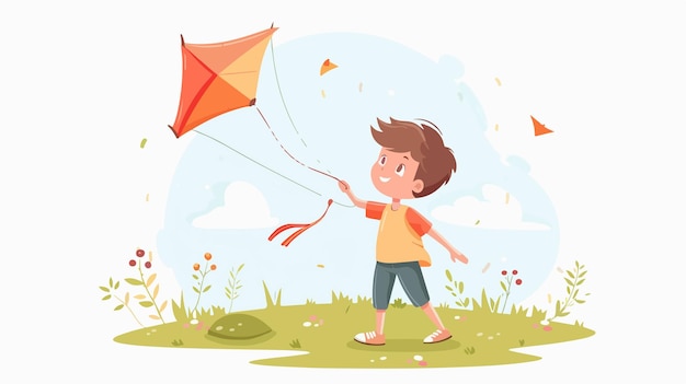 Happy little boy enjoying flying kite on sunny meadow Exciting childhood activity in nature