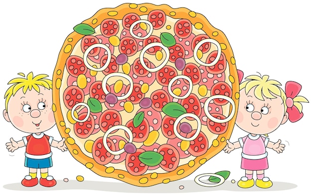 Happy little boy and girl holding a giant tasty pizza with tomatoes sausage cheese and olives