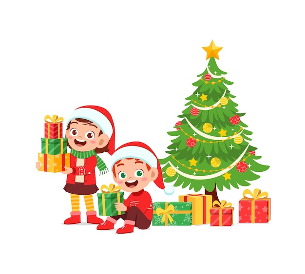 Happy little boy and girl holding present for christmas