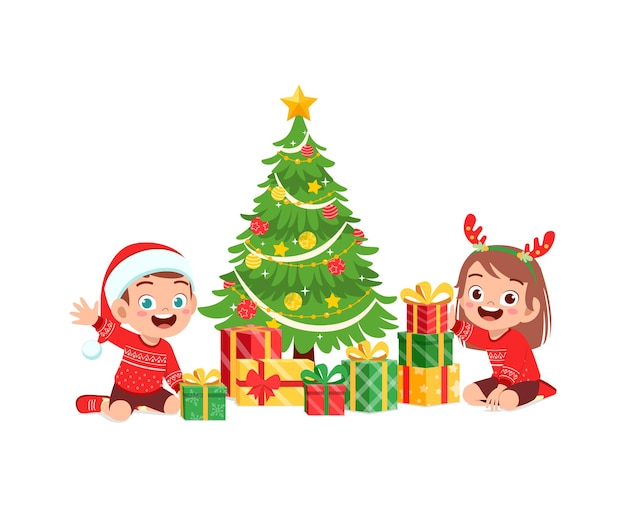 Happy little boy and girl holding present for christmas