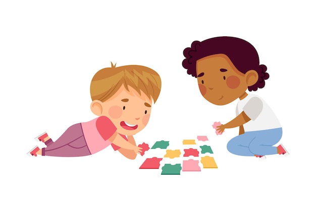 Vector happy little boy and girl playing jigsaw puzzle on the floor vector illustration