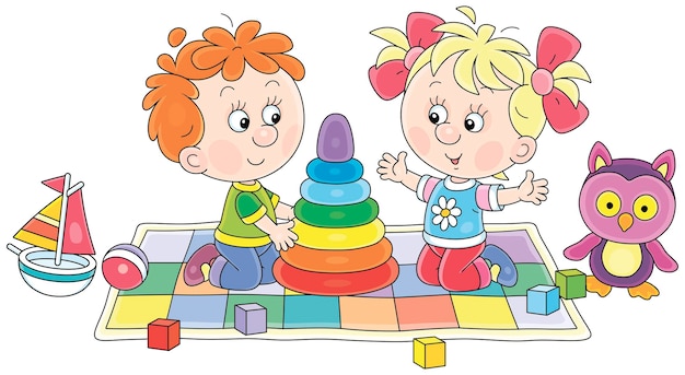 Vector happy little boy and girl playing with a colorful stacking rings among funny toys on a carpet