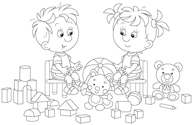 Happy little boy and girl playing with their funny colorful toys in a nursery room