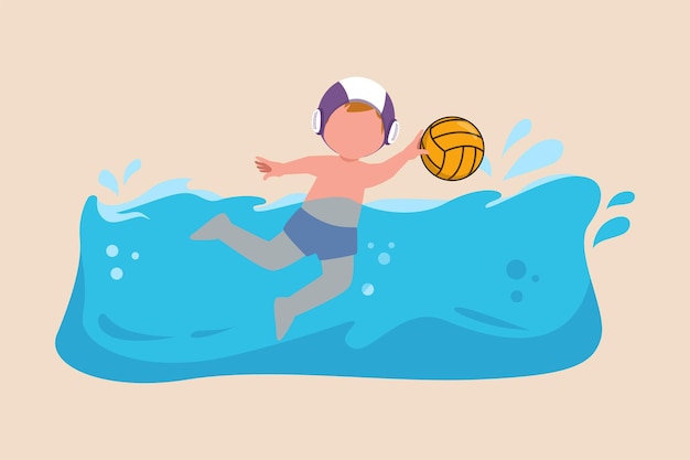 Happy little boy hold water polo ball when swimming in a pool Water polo concept Vector illustration