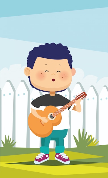 happy little boy playing guitar in the camp character illustration