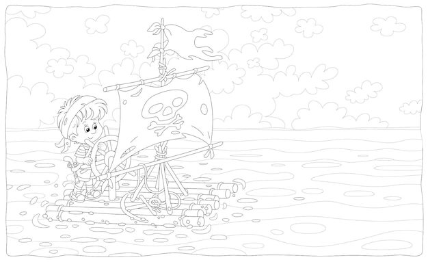 Happy little boy playing pirate on a raft with a sail with Jolly Roger and a toy steering wheel