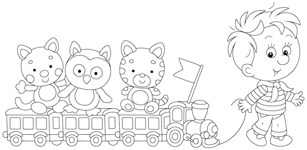 Vector happy little boy playing with a toy train and funny cartoony baby animals