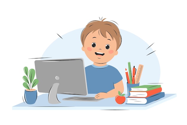 Happy little boy studies with computer and books. Online education, home school concept.