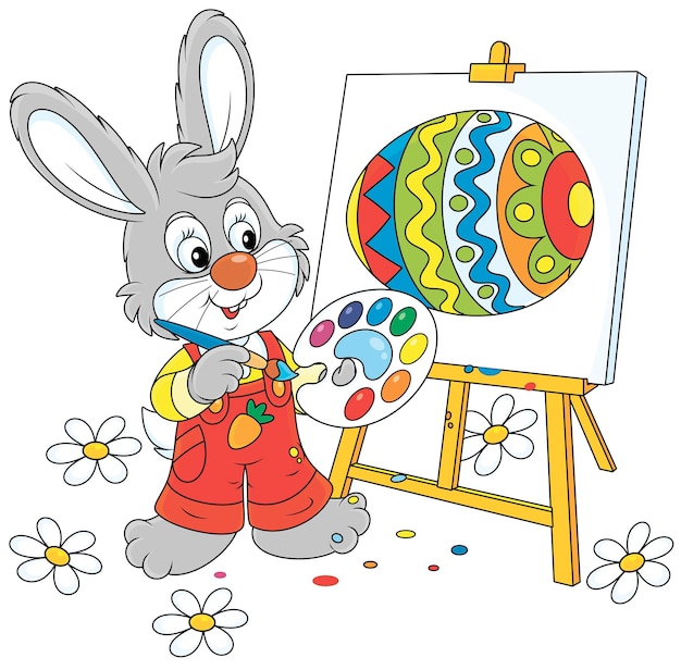 Happy little bunny drawing a decorated Easter egg