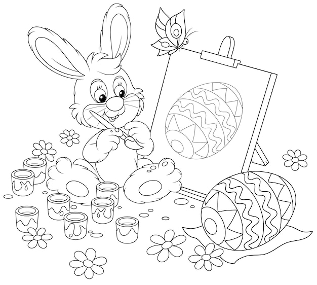 Happy little bunny drawing Easter egg on a canvas and an easel