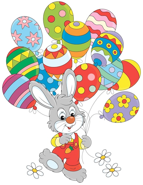 Happy little bunny walking with colorful balloons decorated like Easter eggs