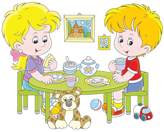 Happy little children at breakfast in their nursery among funny toys