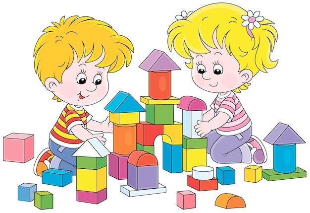 Happy little children playing with colorful bricks and building a toy castle in a playroom