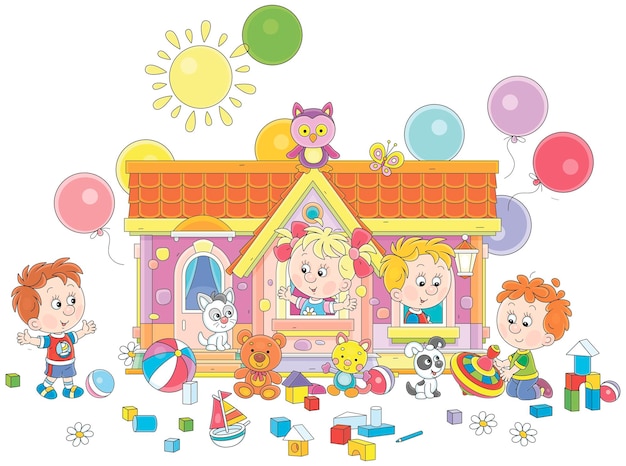 Vector happy little children with their kitten and puppy playing in a pretty toy house with balloons